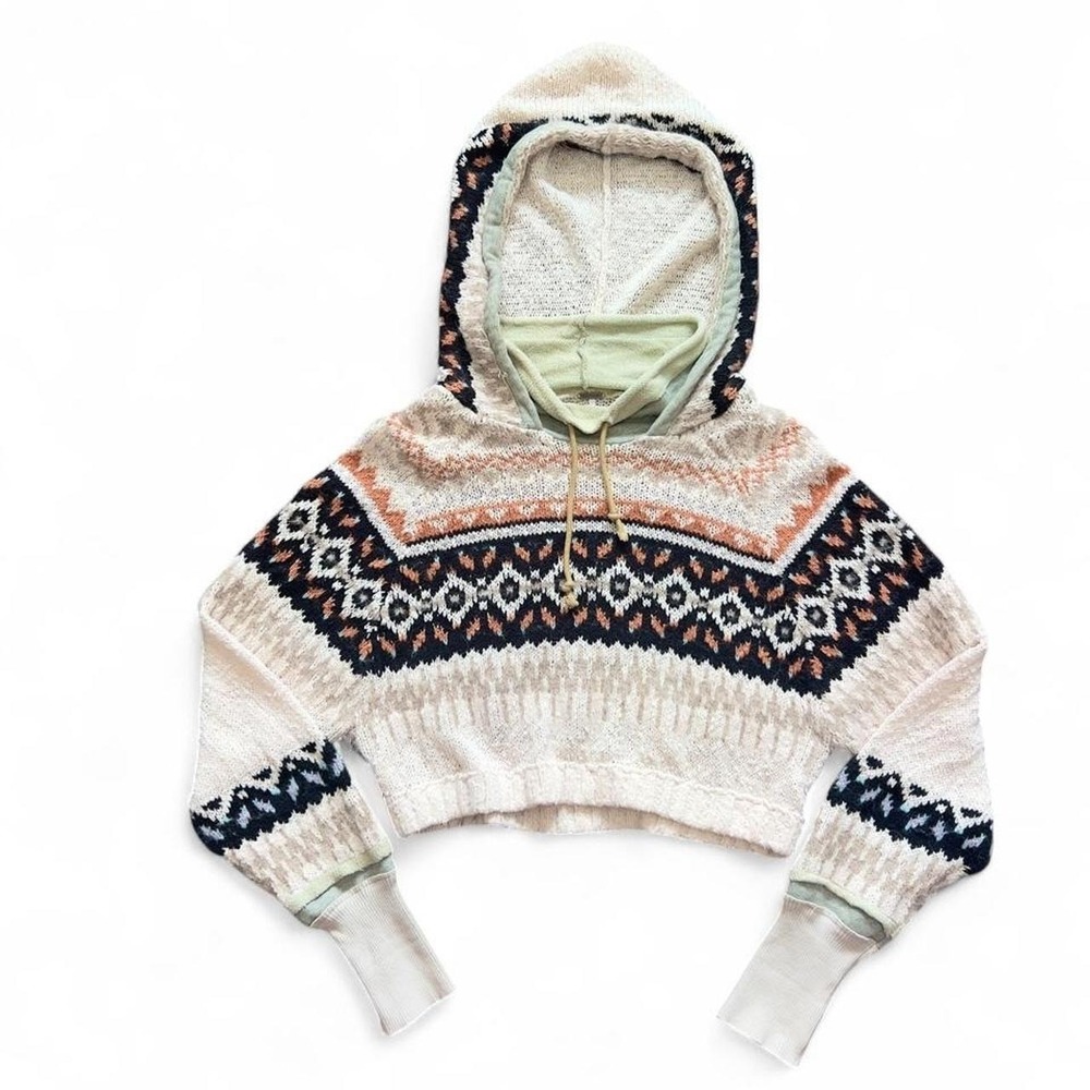 Free People Inverness Hoodie Knit Sweater Fair Isle Nordic Boho Oatmeal